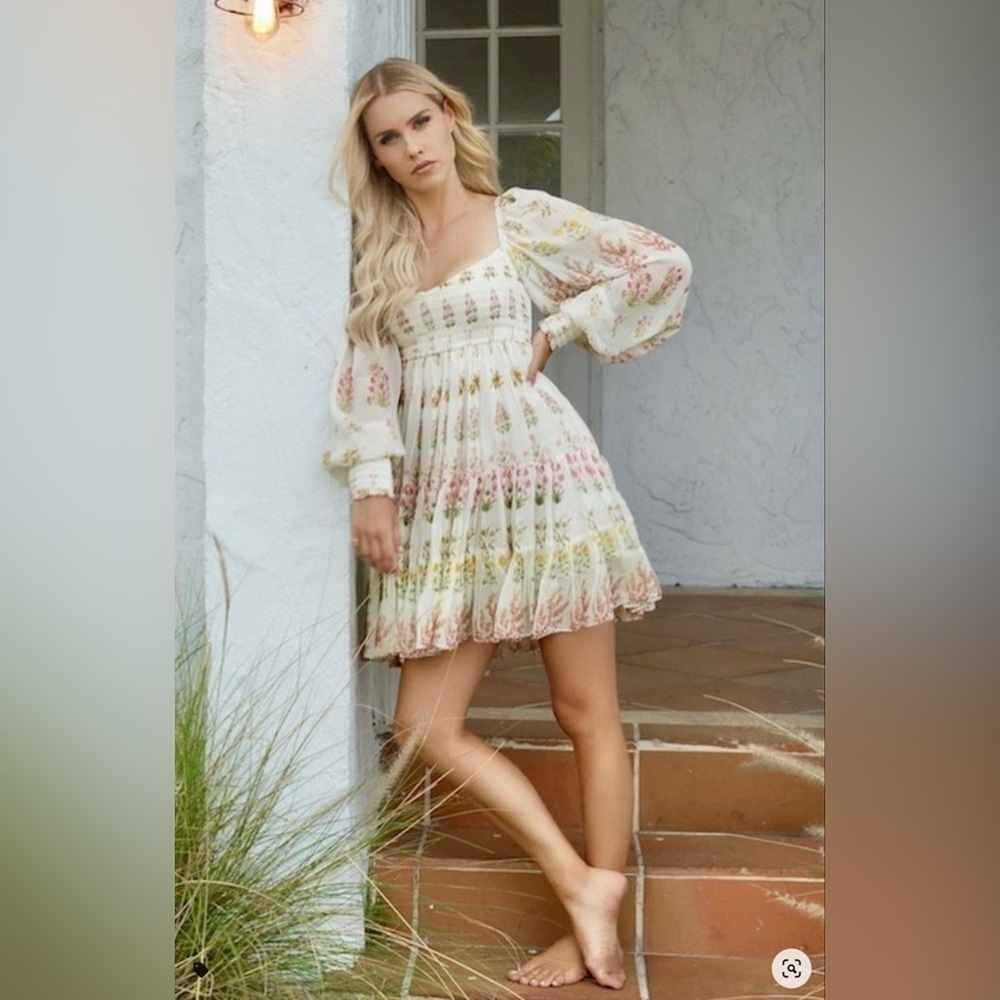 Hemant & Nandita Chiffon Floral Mini Dress Smocked Long Sleeve Fairy Whimsical